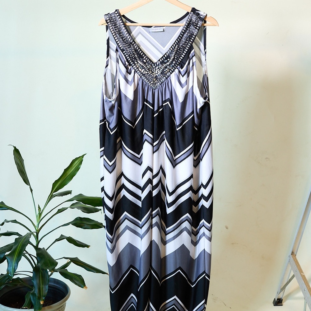 Catherines Black and White Maxi Dress with Embellished Neckline